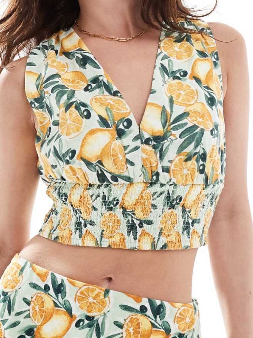 Abercrombie & Fitch plunge front top with shirred waist in lemon print